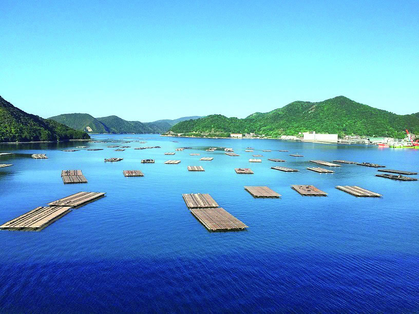 岡山県備前市。日生大橋から見る瀬戸内海の牡蠣筏（いかだ）と、日生のまち並みは絶景。