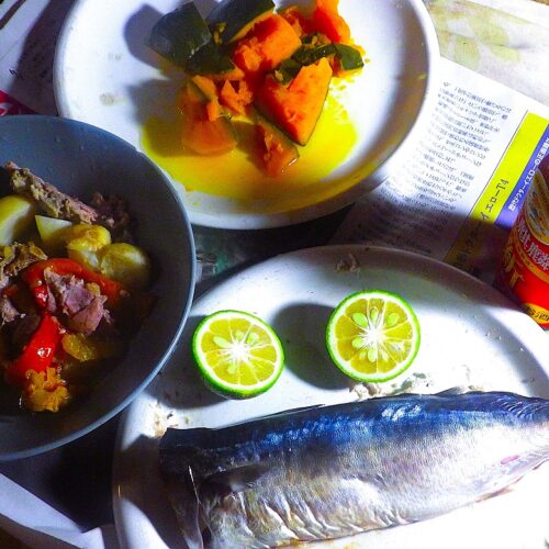 荷作り作業を終える時刻、いつも僕は夕食の準備をしておく。お客さん用に収穫した野菜を袋に詰めながらチェックし、不合格品を集めて我が夕食とするわけだ。今日の夕食はゴーヤ・ピーマン・ニンニクと牛肉の煮もの、それにカボチャとサバ。そして湯上りのビール。