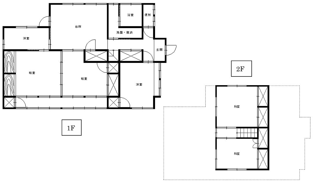 愛媛県西条市の古民家物件の間取り図。