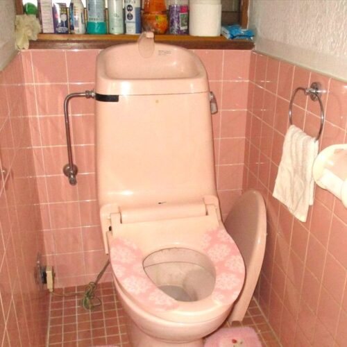 兵庫県佐用町の古民家物件のトイレ。温かみのあるピンクの色合いが印象的。