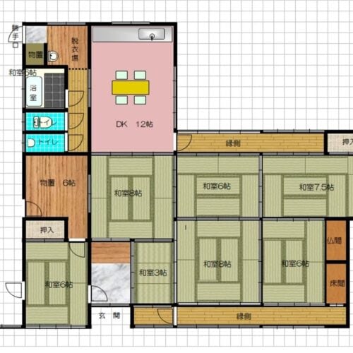 兵庫県佐用町の古民家物件の間取り図。部屋数が多い。