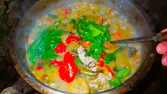 採れたて野菜と魚を使った田舎暮らしの自炊料理。赤ピーマンやゴーヤ、豚肉を煮込んだ食卓。