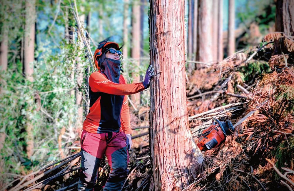 千葉県出身の園田さんは、趣味のバイク旅を通じて森の仕事に魅せられ、2021年に有限会社 杉産業へ転職。。現在は新見市を拠点に、バイクで周辺地域を巡りながら、山の仕事と新しい暮らしを楽しんでいる。