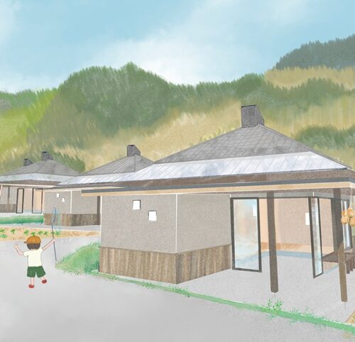 どこか田舎の古民家を思わせる寄棟+換気塔のスタイルは先行区画と同じ/兵庫県淡路市「淡路クラインガルテン野田尾」