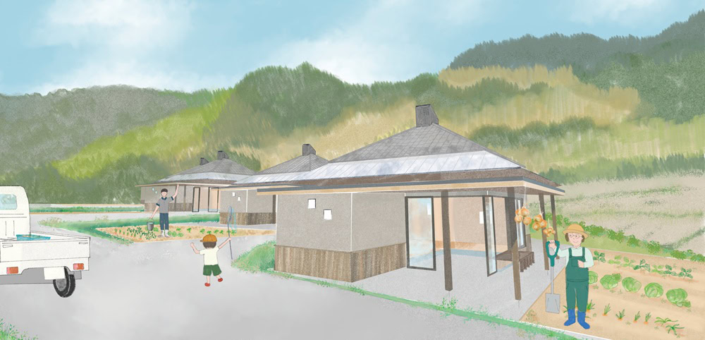 どこか田舎の古民家を思わせる寄棟+換気塔のスタイルは先行区画と同じ/兵庫県淡路市「淡路クラインガルテン野田尾」