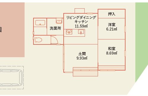 現代版・田の字形の間取り。掃き出し窓を全開にすれば、屋外と土間がひと続きに。約50㎡の菜園と駐車場1台分を併設/兵庫県淡路市「淡路クラインガルテン野田尾」