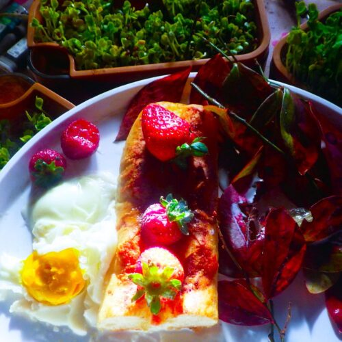 畑の野菜と卵と好物のパン、そして珈琲。食べたらふだん通りに鍬を手にして畑に向かう