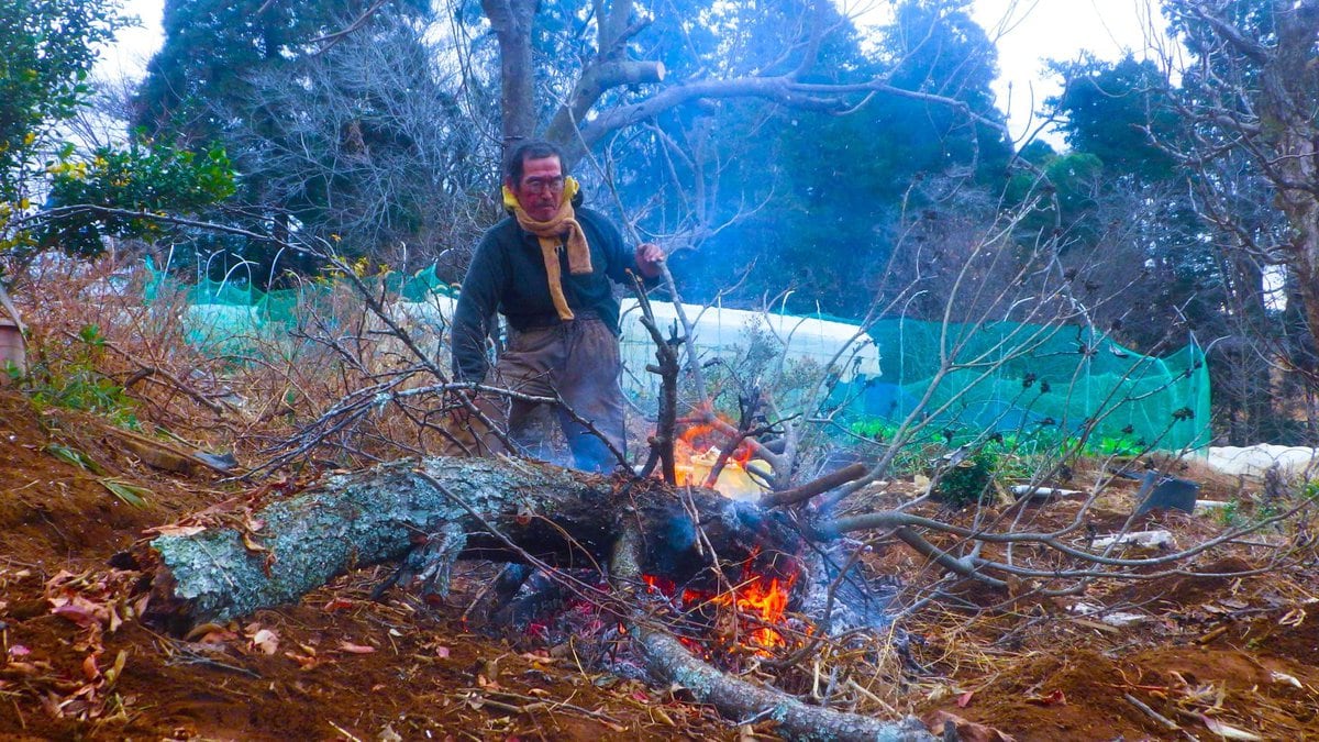 畑の清掃。夏草や、夏物野菜の残渣、さらに剪定した果樹の枝を1か所に集めて燃やす。