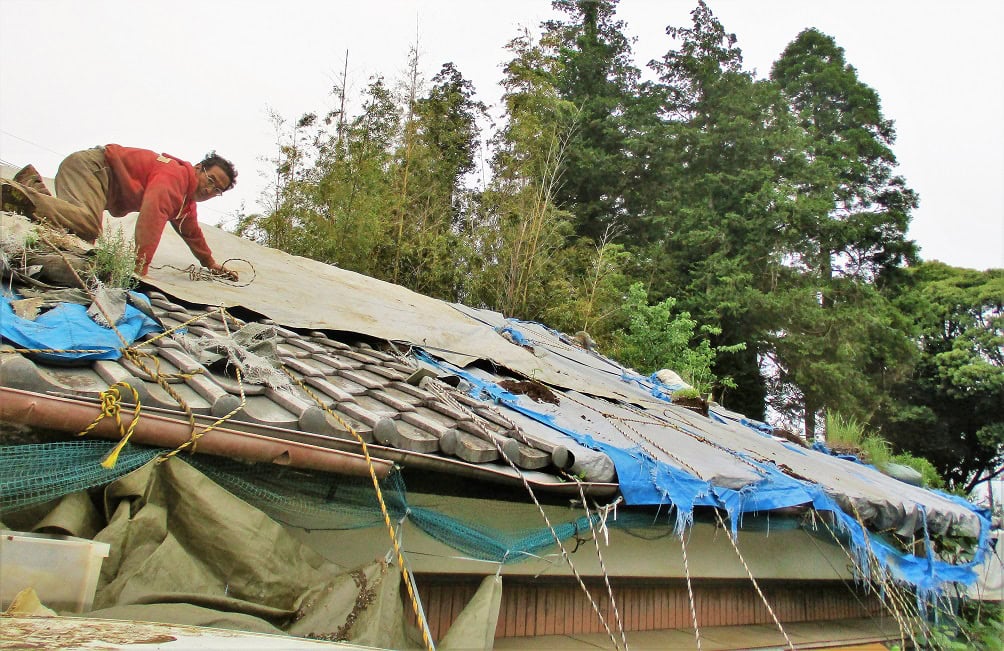 屋根の雨漏り防止シートがはがれた。太陽光パネル3枚が転倒した。修復したビニールハウスも再び無残な姿になった。