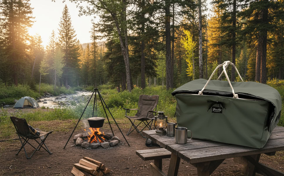 保冷機能付きレジカゴバッグ『Shimatteクールカゴバッグはキャンプシーンでも活躍する